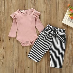 ✨️HP✨️Baby Girl Pink Ruffled Shoulder Bodysuit and Striped Belted Pants